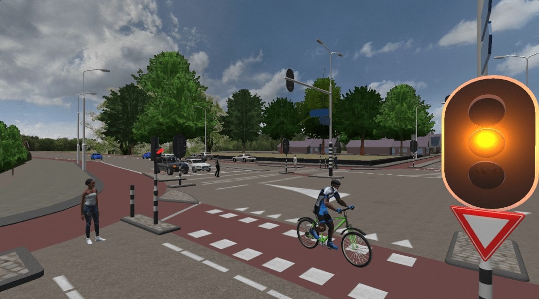 Scene uit de Virtuele Verkeersregelaar waar de gebruiker uitkijkt over een kruispunt met stoplichten, voetgangers, fietsers en automobilisten